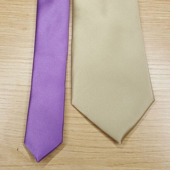 TAYION Mens Neck Tie Gold Purple Satin Colorblock Classic Pointed - Picture 2 of 6